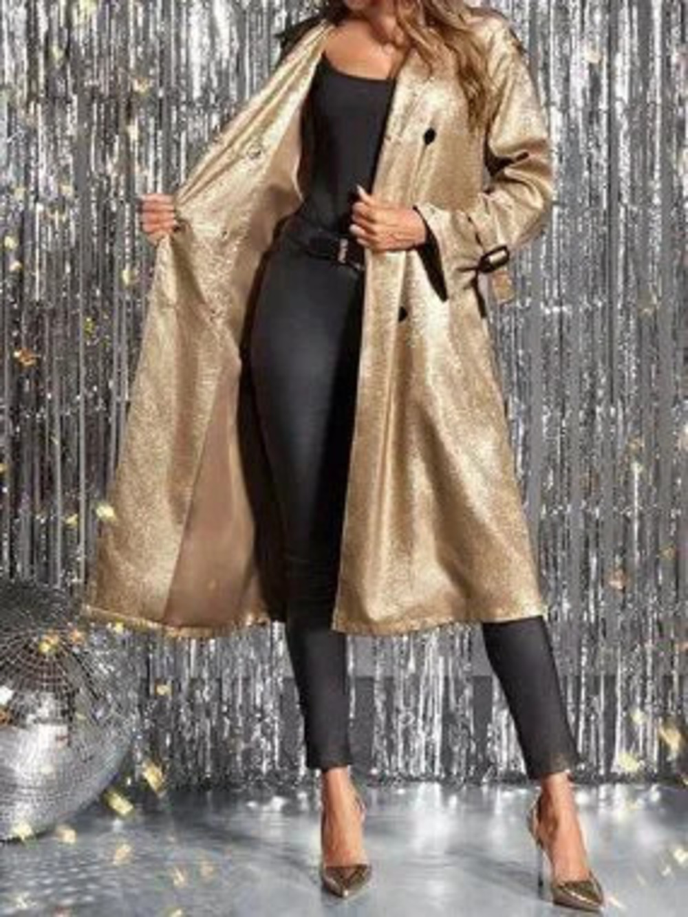 Gold Elegant Women's Long Sleeve Coated Belted Casual Jacket